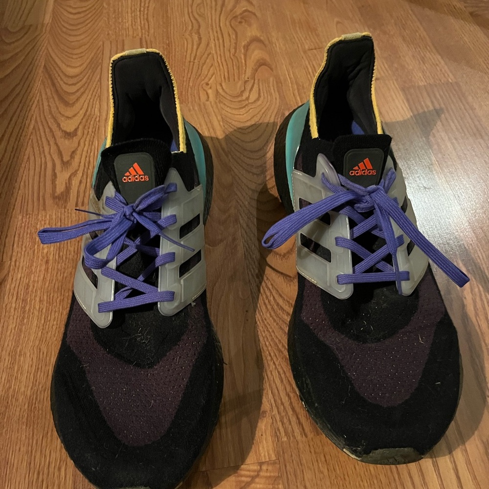 Adidas Black, Gray, and Green Sneakers with Purple Laces